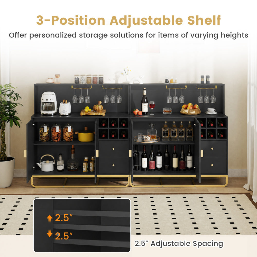 Home bar cabinet in black features a 3-position adjustable shelf, wine rack, and glass holder for versatile storage solutions.