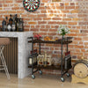 2-tier rustic brown home bar cart with lockable wheels, sturdy metal frame, and spacious top for drinks and snacks.