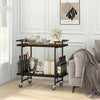 2-tier rustic brown home bar cart with lockable wheels, metal frame, and spacious top for drinks and snacks.