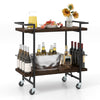 2-tier home bar cart in rustic brown with lockable wheels, featuring a spacious top and sturdy metal frame for easy.