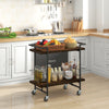 2-tier home bar cart in rustic brown with lockable wheels, spacious top, and sturdy metal frame for kitchen storage.
