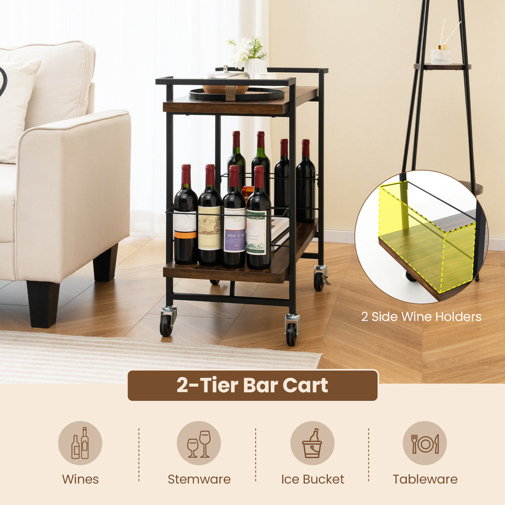 2-Tier bar cart in rustic brown with wine bottles, lockable wheels, and sturdy metal frame for easy transport and.