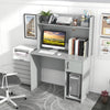 Home office desk in gray with raised display shelf, ample workspace, and modern design for versatile use.