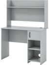 Gray home office desk with raised display shelf, two open shelves, and wire management for versatile workspace.