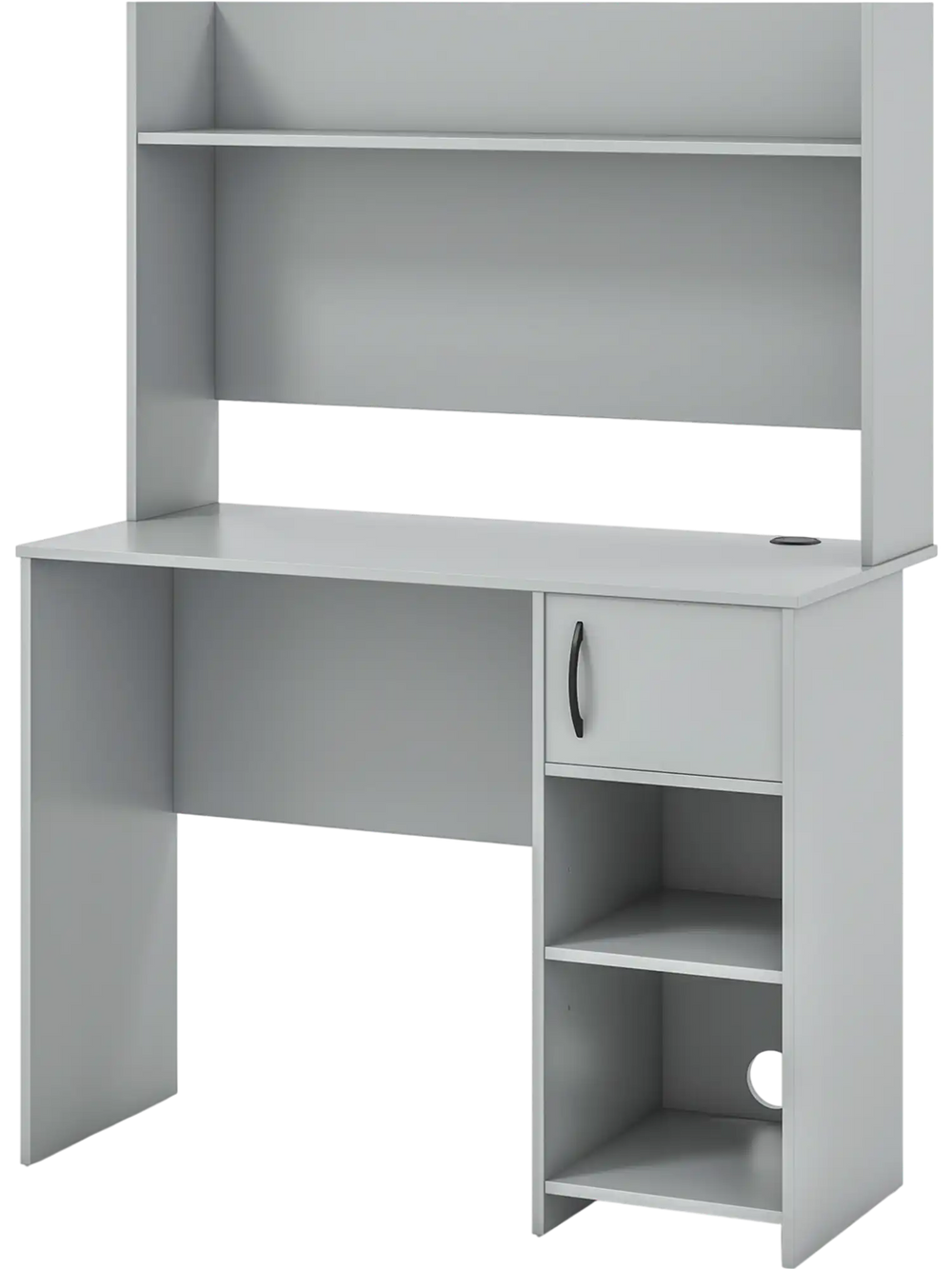 Gray home office desk with raised display shelf, two open shelves, and wire management for versatile workspace.