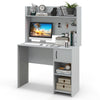 Home office desk in gray with raised display shelf, two open shelves, and ample workspace for organization.