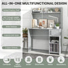 Home office desk in gray with raised display shelf, wide desktop, and two open shelves for versatile storage solutions.