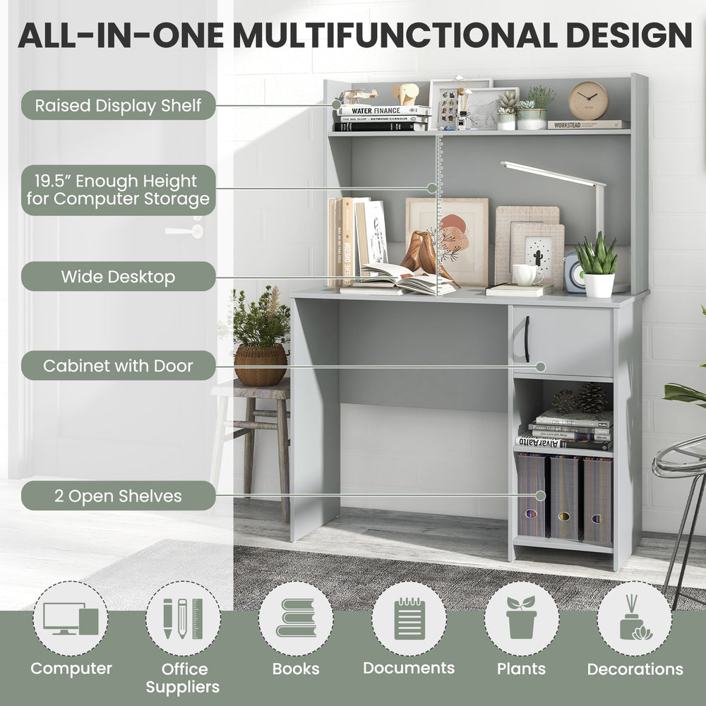 Home office desk in gray with raised display shelf, wide desktop, and two open shelves for versatile storage solutions.