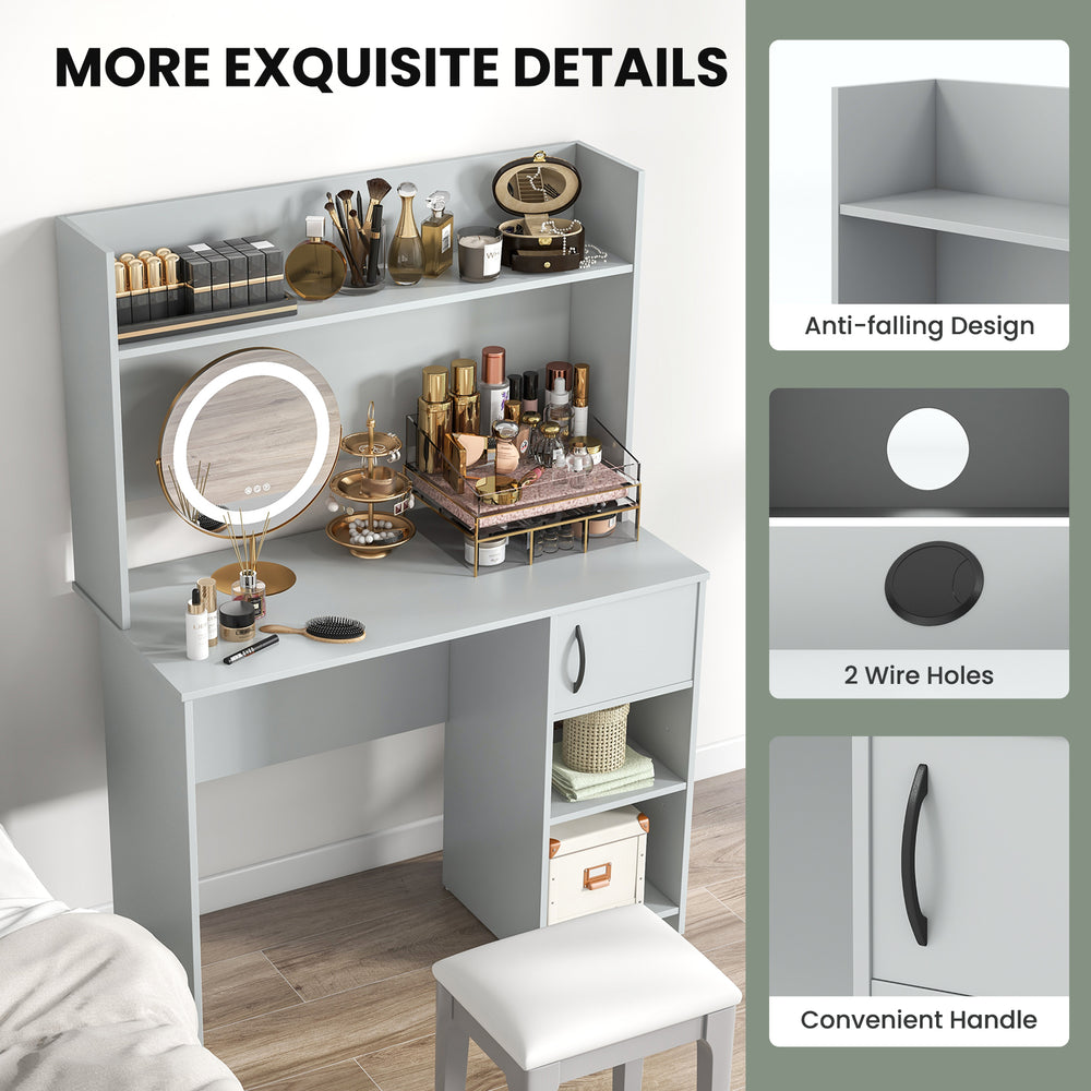 Home office desk in gray featuring a raised display shelf, two open shelves, and convenient wire holes for organization.
