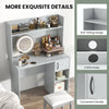 Home office desk in gray featuring a raised display shelf, two open shelves, and convenient wire holes for organization.