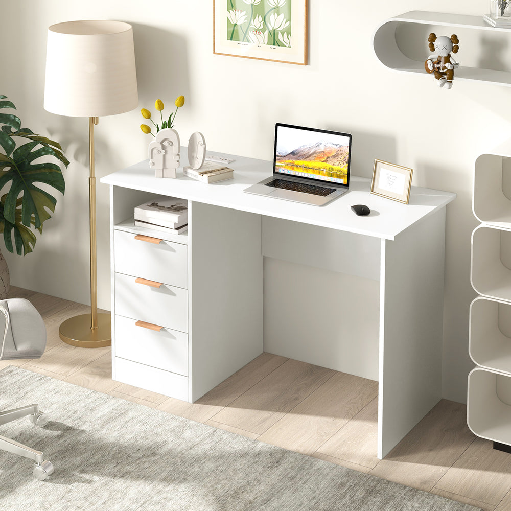 Home office desk in white showcasing chic metal handles and smooth drawer slides for easy access and modern style.