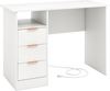 Home office desk in white with 3 storage drawers, open compartment, and built-in power outlet for convenient charging.
