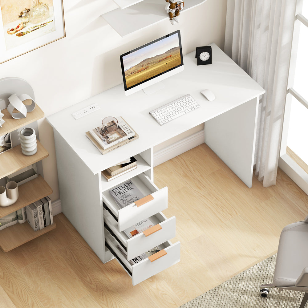 Home office desk in white with 3 storage drawers, open shelf, and built-in power outlet for organized workspace.