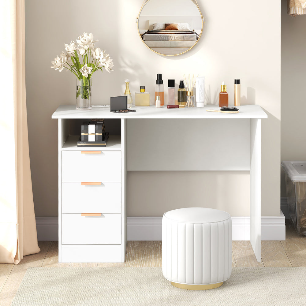 Home office desk in white with a smooth finish and chic metal handles, enhancing modern workspace organization.