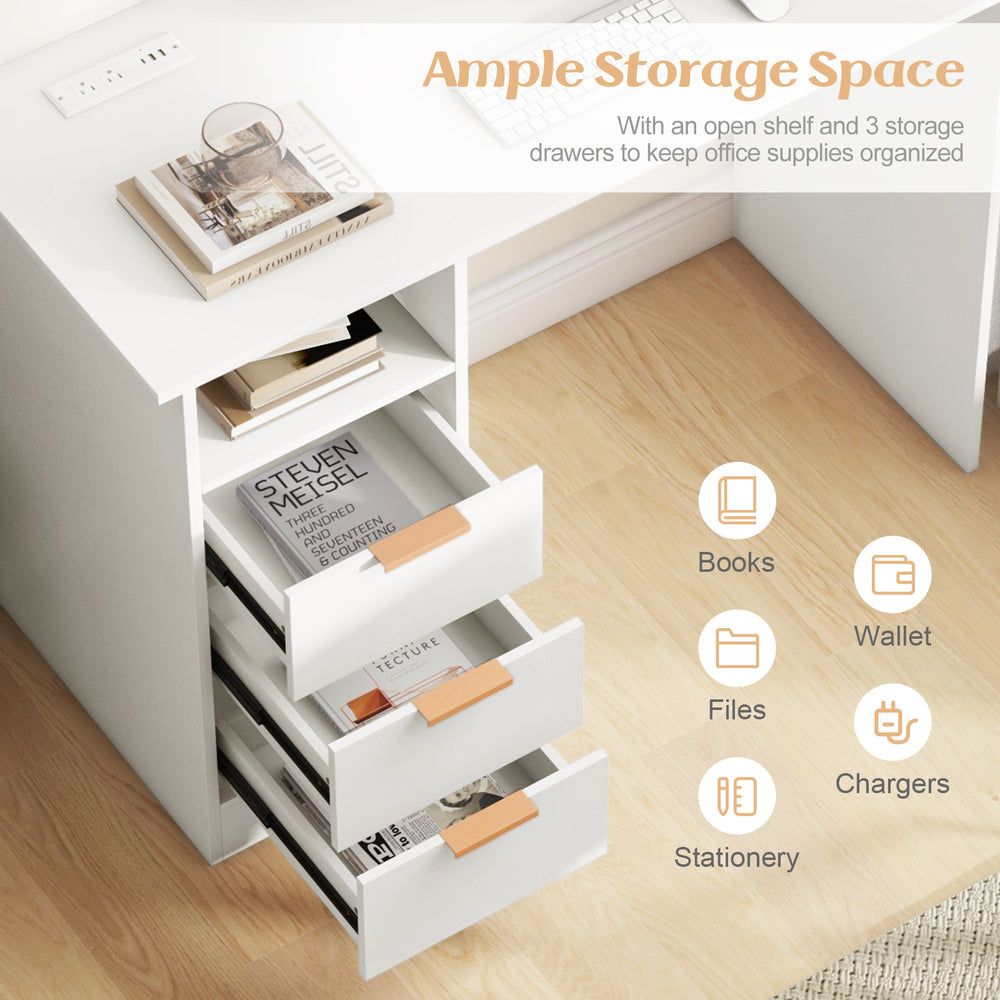 Home office desk in white featuring 3 storage drawers, open shelf, and built-in power outlet for organized workspace.