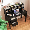 Black 48-inch computer desk with storage hutch, two drawers, and power outlets, ideal for work and study.