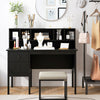 48-inch black computer desk with storage hutch, drawers, and power outlets, ideal for work and study.