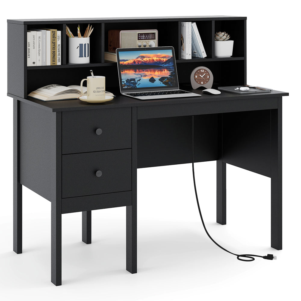 48-inch black computer desk with storage hutch, two drawers, and power outlets, ideal for work and study.