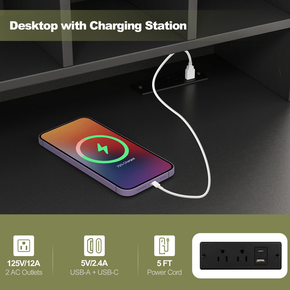 48-inch black computer desk with charging station, featuring power outlets and a 5 ft power cord for convenient use.
