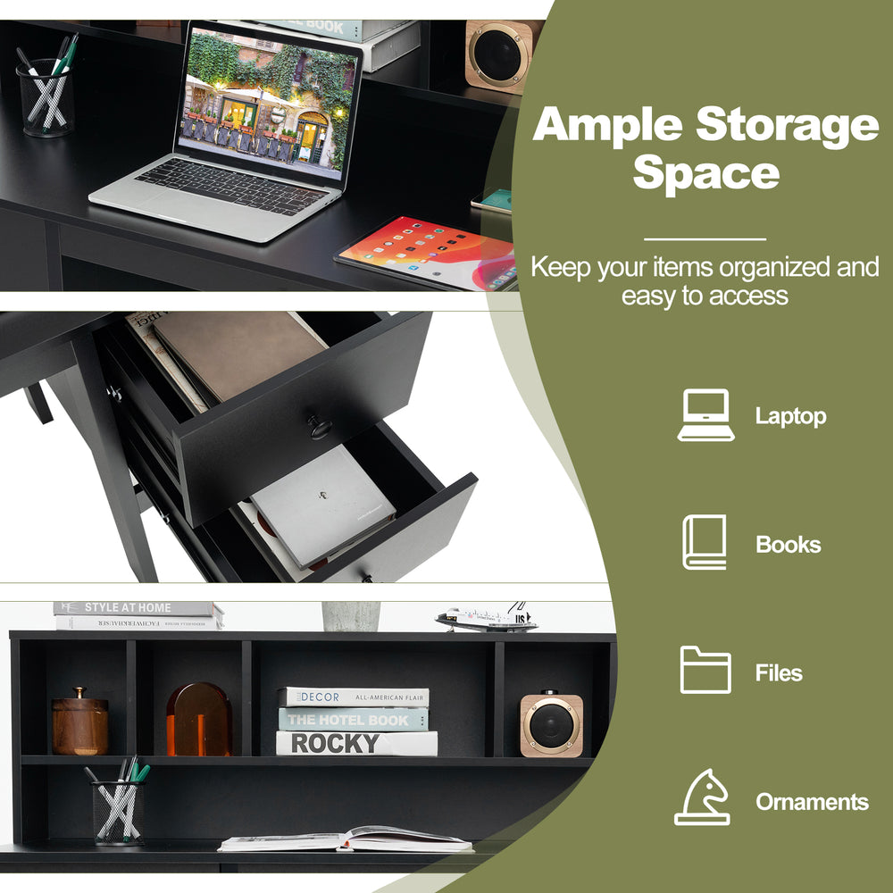 48-inch black computer desk featuring a spacious tabletop, storage hutch, and two drawers for organized workspace.