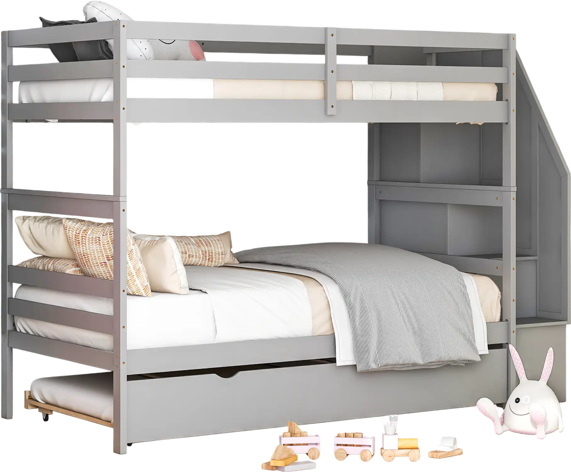 Costway Wood Bunk Bed w/ Guard Rail & 4-Step Storage Stairs Gray 26479583 New