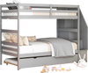 Gray wood bunk bed with guard rail, twin beds, and 4-step storage stairs for kids' rooms.