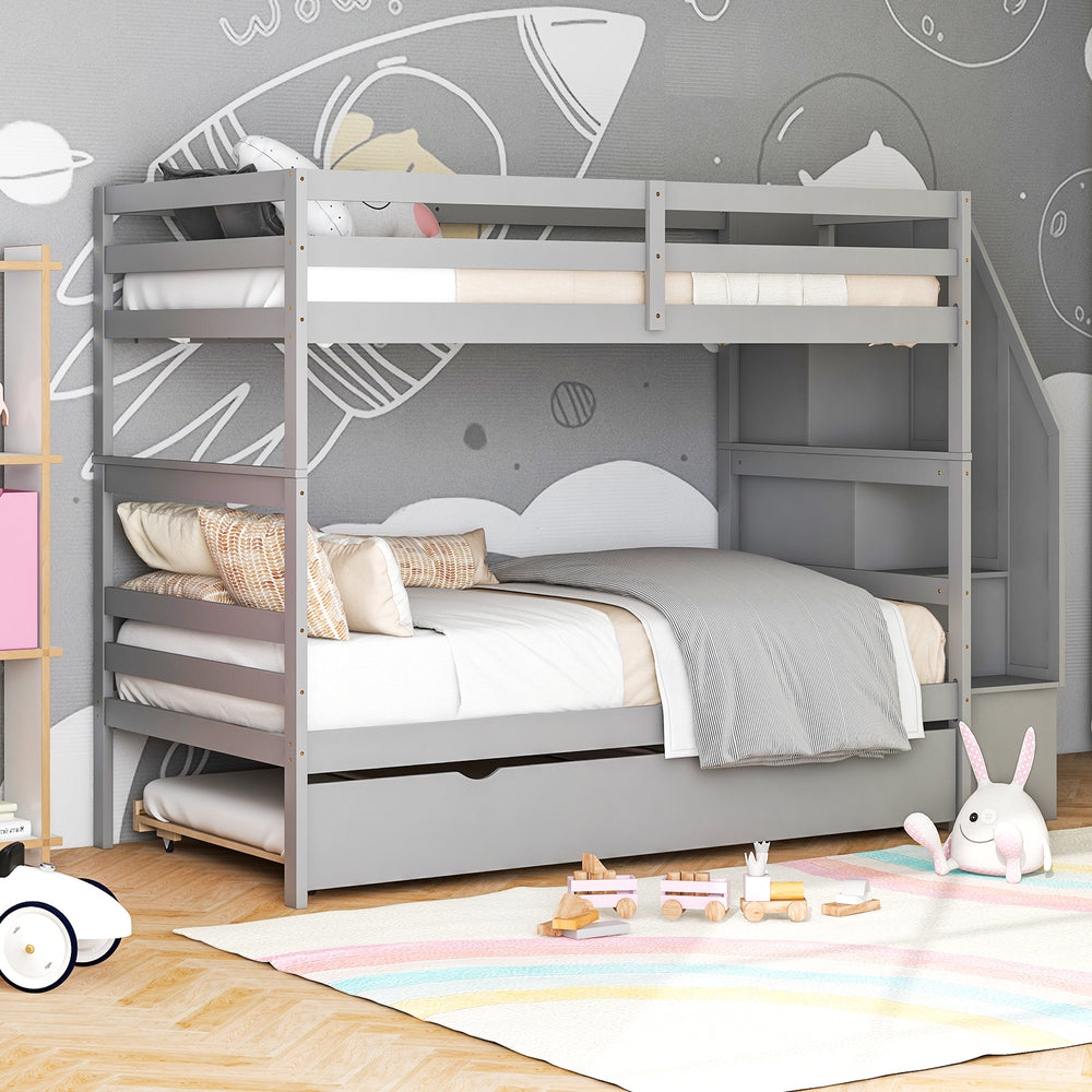 Home Wood Bunk Bed with Guard Rail and 4-step Storage Stairs No Box Spring Needed-Gray - Gallery View 1 of 10