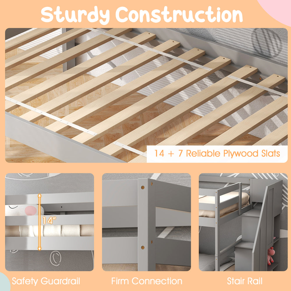 Sturdy plywood slats of the gray home wood bunk bed with guard rail and storage stairs for added durability.