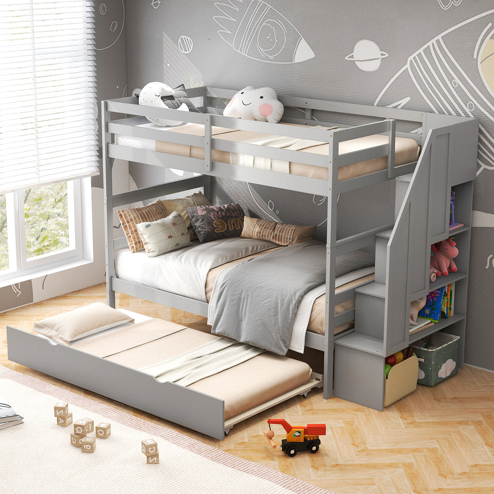 Gray wood bunk bed with guard rail, twin beds, trundle, and 4-step storage stairs for space-saving solutions.
