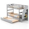 Gray wood bunk bed featuring twin upper and lower beds, trundle, and 4-step storage stairs for space-saving solutions.