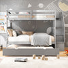 Gray wood bunk bed with guard rail, featuring twin beds and 4-step storage stairs for space-saving design.