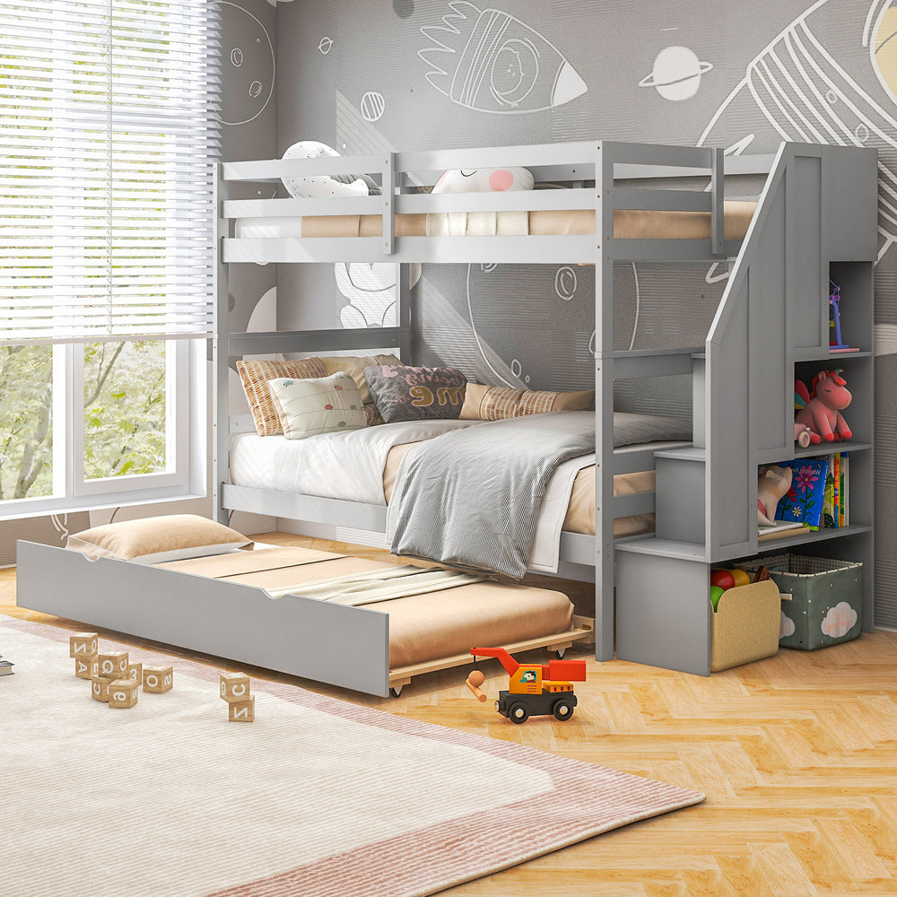 Gray wood bunk bed with guard rail, twin beds, trundle, and 4-step storage stairs for kids' rooms.