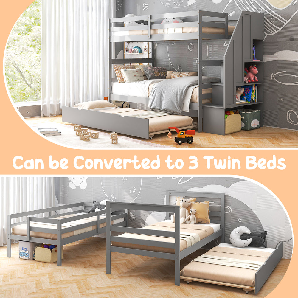 Home wood bunk bed in gray, convertible to 3 twin beds with storage stairs and guard rail for safety and organization.