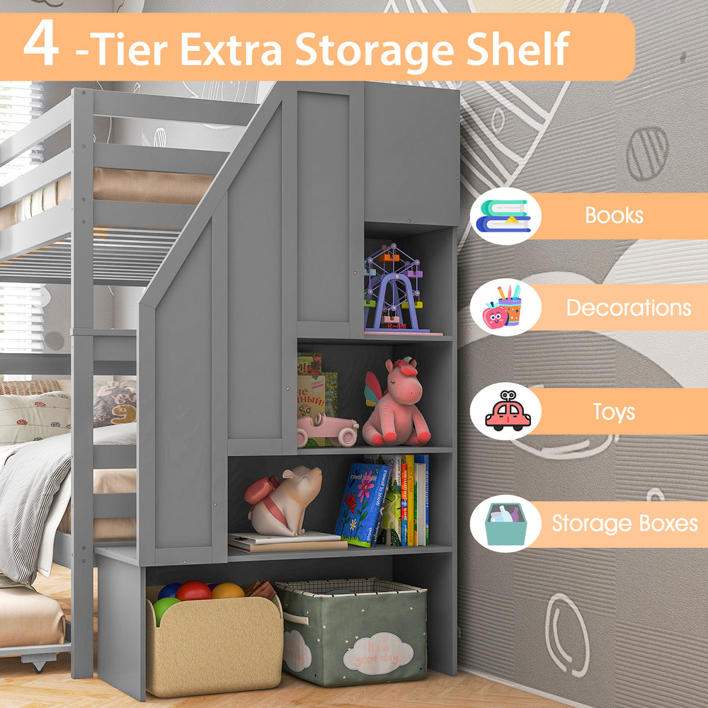 4-tier extra storage shelf in gray for books, toys, and decorations, designed for the Home Wood Bunk Bed with guard.
