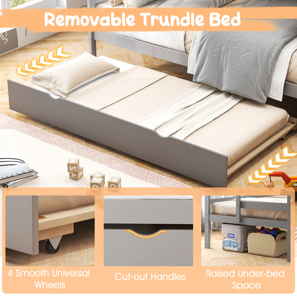 Gray removable trundle bed with smooth wheels, cut-out handles, and space-saving design for versatile sleeping.