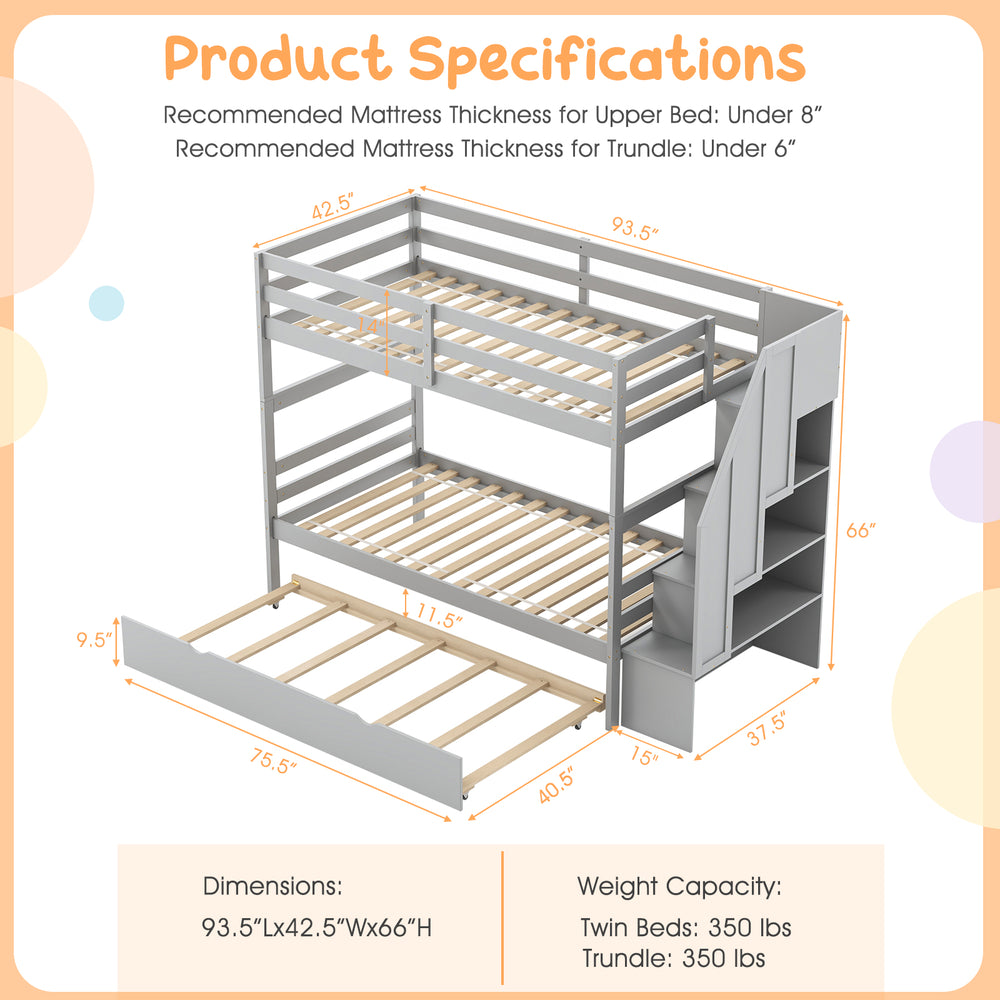 Gray wood bunk bed with guard rail, 4-step storage stairs, and trundle, designed for space-saving and durability.