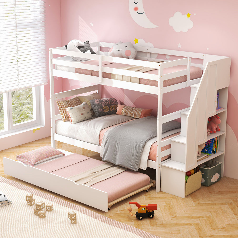 Home Wood Bunk Bed with Guard Rail and 4-step Storage Stairs No Box Spring Needed-White - Gallery View 1 of 9