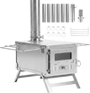 Portable wood burning stove in silver with 7 chimney pipes, designed for efficient heating and cooking in outdoor tents.