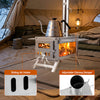Portable wood burning stove with adjustable chimney damper and sliding air intake, designed for outdoor hot tents.