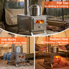 Portable wood burning stove with flat top for cooking, side racks for drying gear, and radiant heat for warming hands.