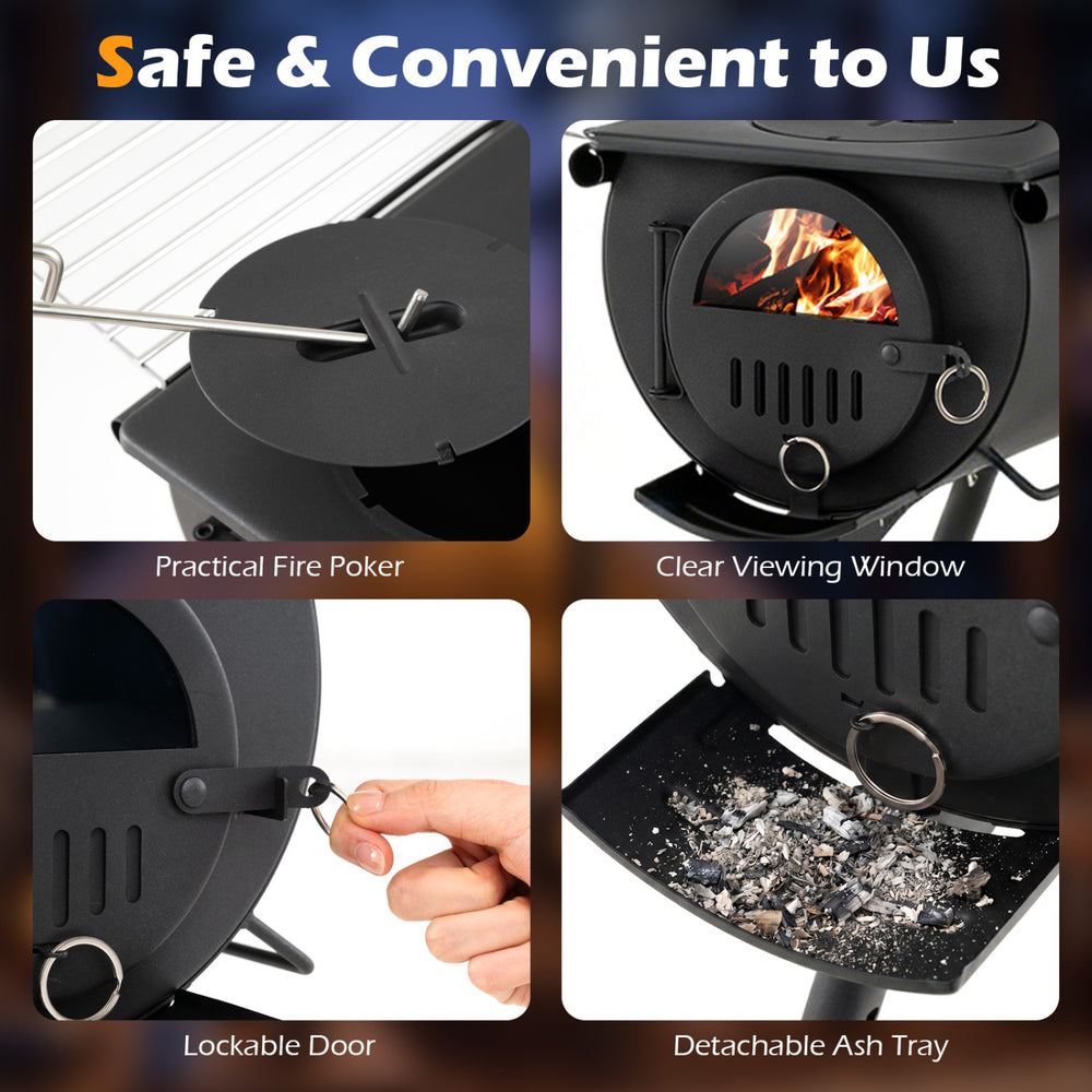 Hot tent stove with chimney pipes, featuring a transparent viewing window and lockable door for safe outdoor heating.