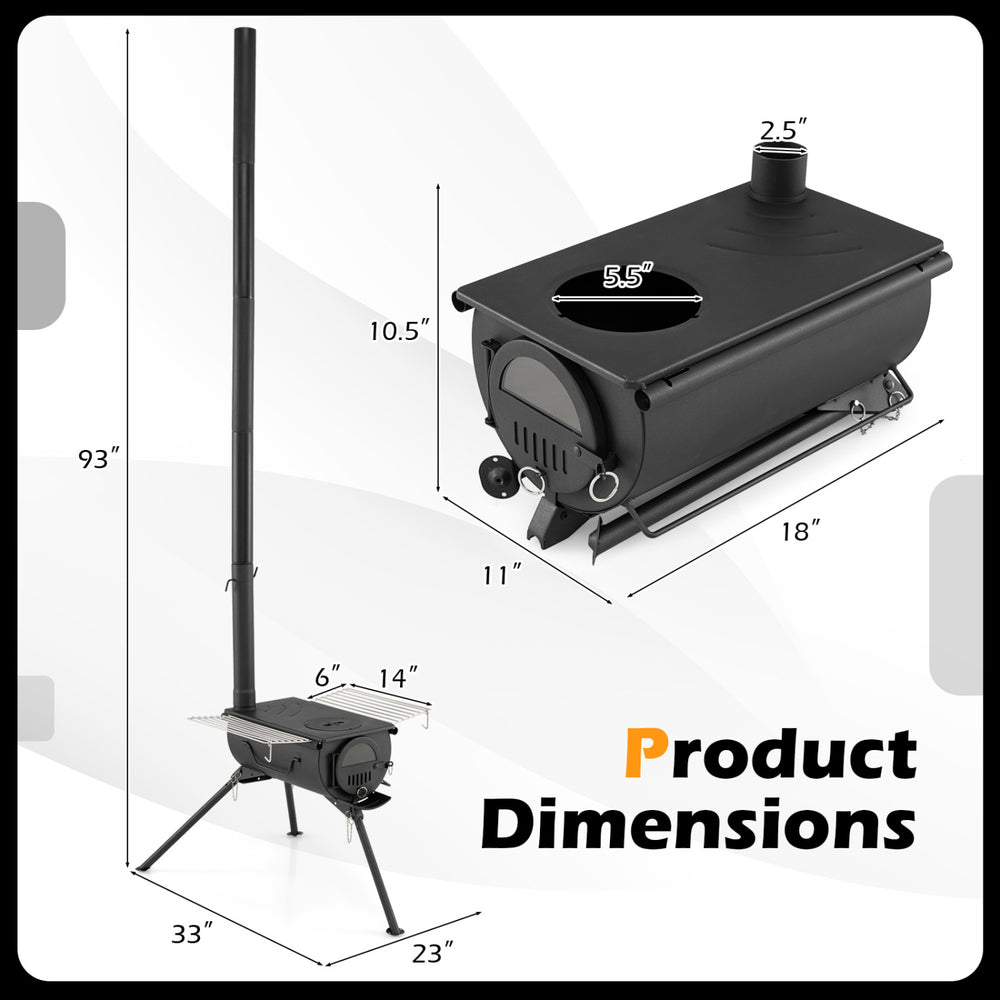 Hot tent stove with chimney pipes, foldable legs, and dimensions for outdoor heating and cooking convenience.