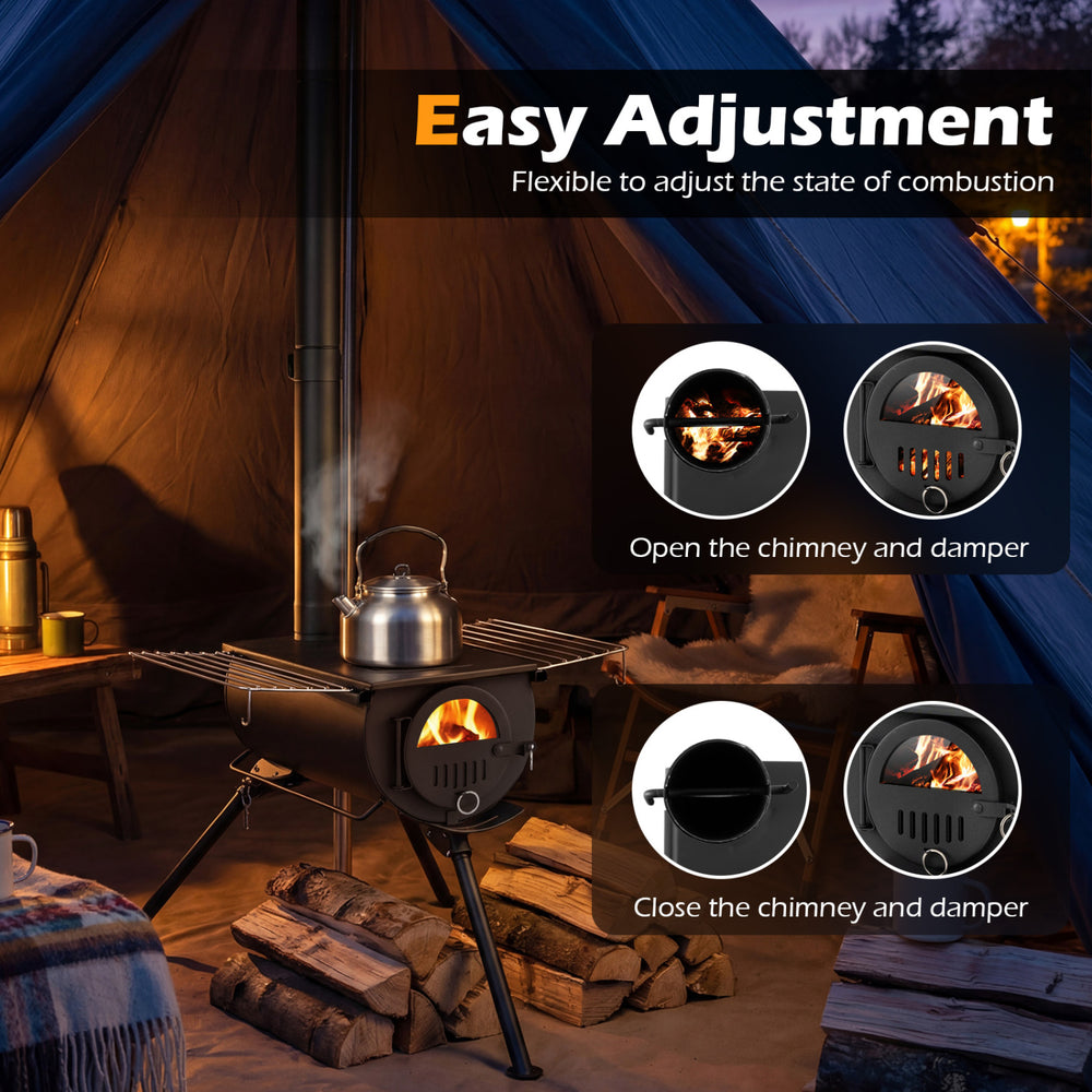 Hot tent stove with chimney pipes, featuring adjustable damper and foldable legs for outdoor heating and cooking.