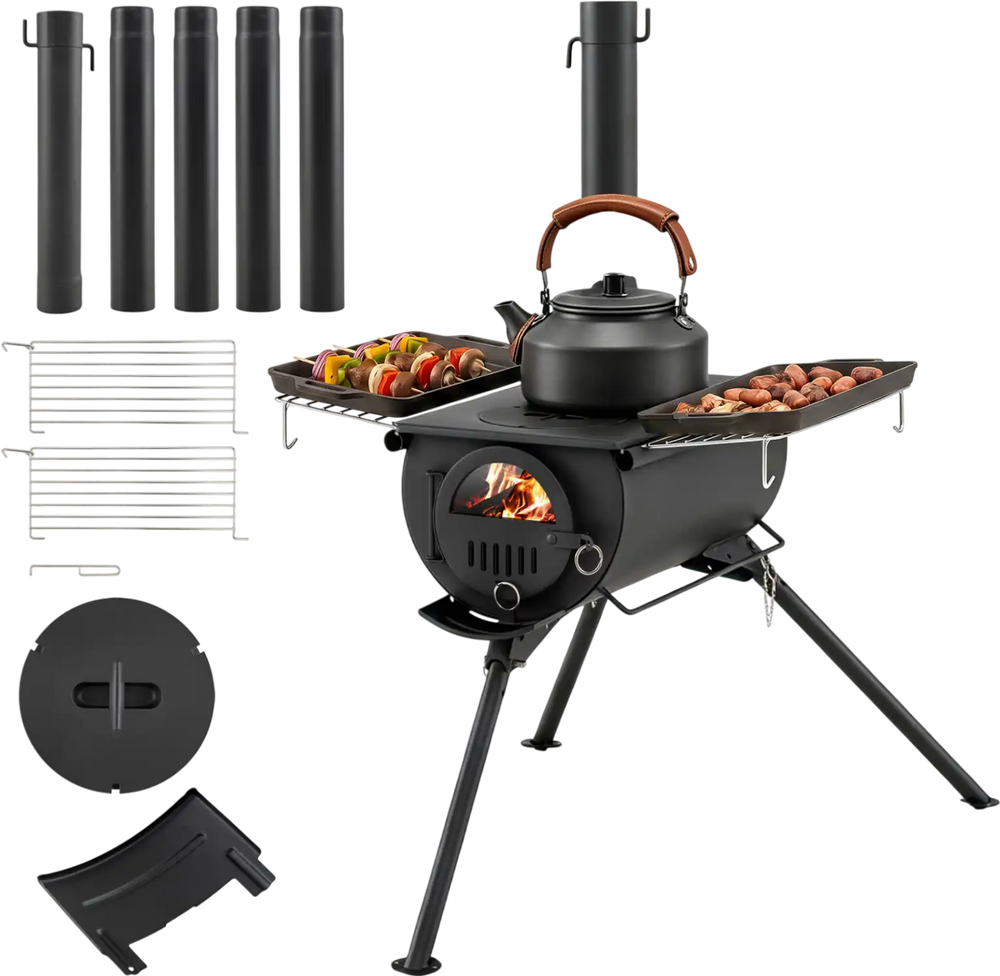 Hot tent stove in black with chimney pipes, foldable legs, and a transparent viewing window for outdoor heating and cooking.