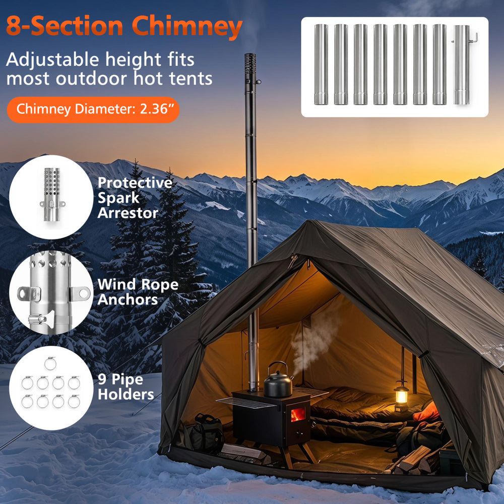 8-section chimney for adjustable height, designed for outdoor hot tents, with a protective spark arrestor and durable metal structure.