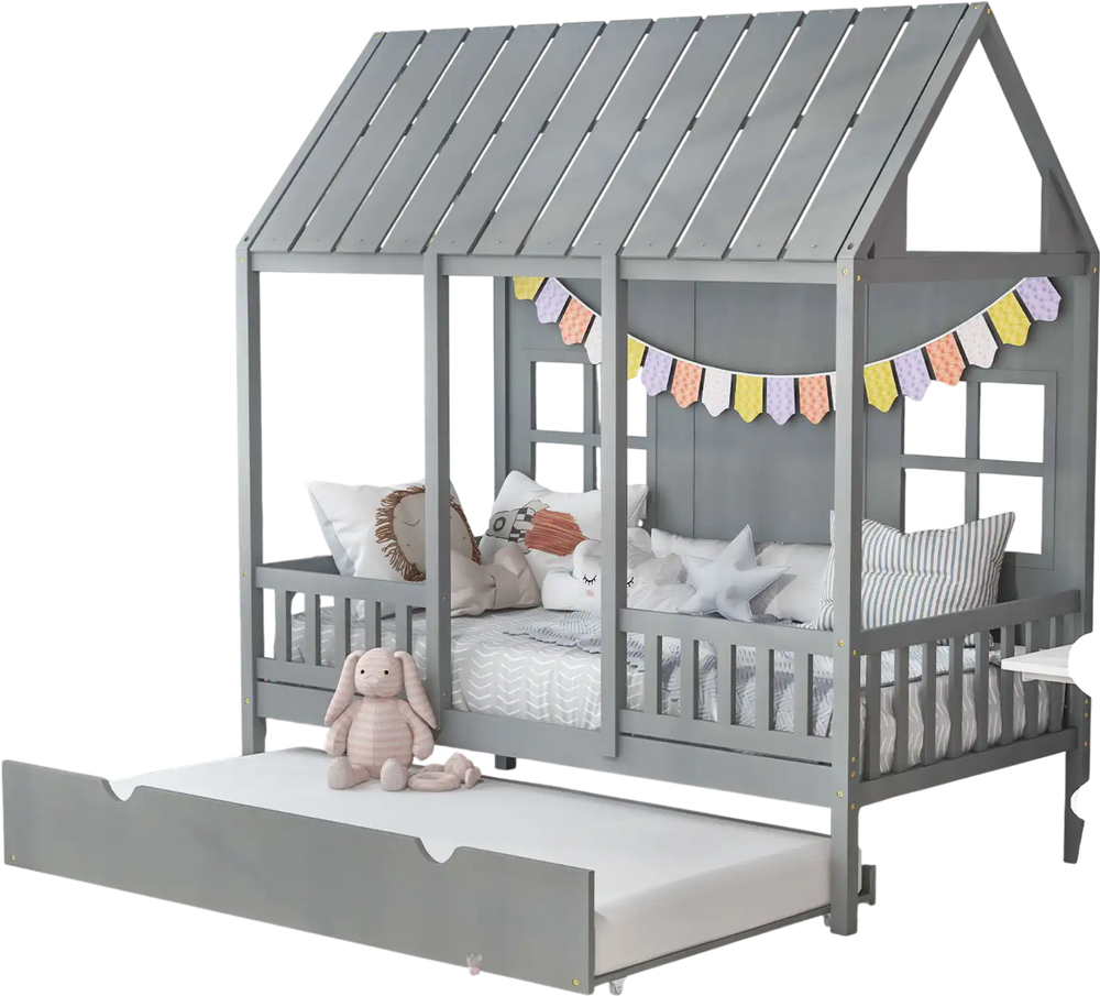 Twin size house bed frame in gray with spacious trundle, safe fence rails, and playful roof design for children's rooms.
