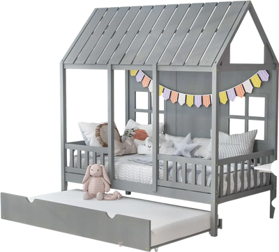 Costway Twin House Bed Frame w/ Trundle Gray 36294578 New