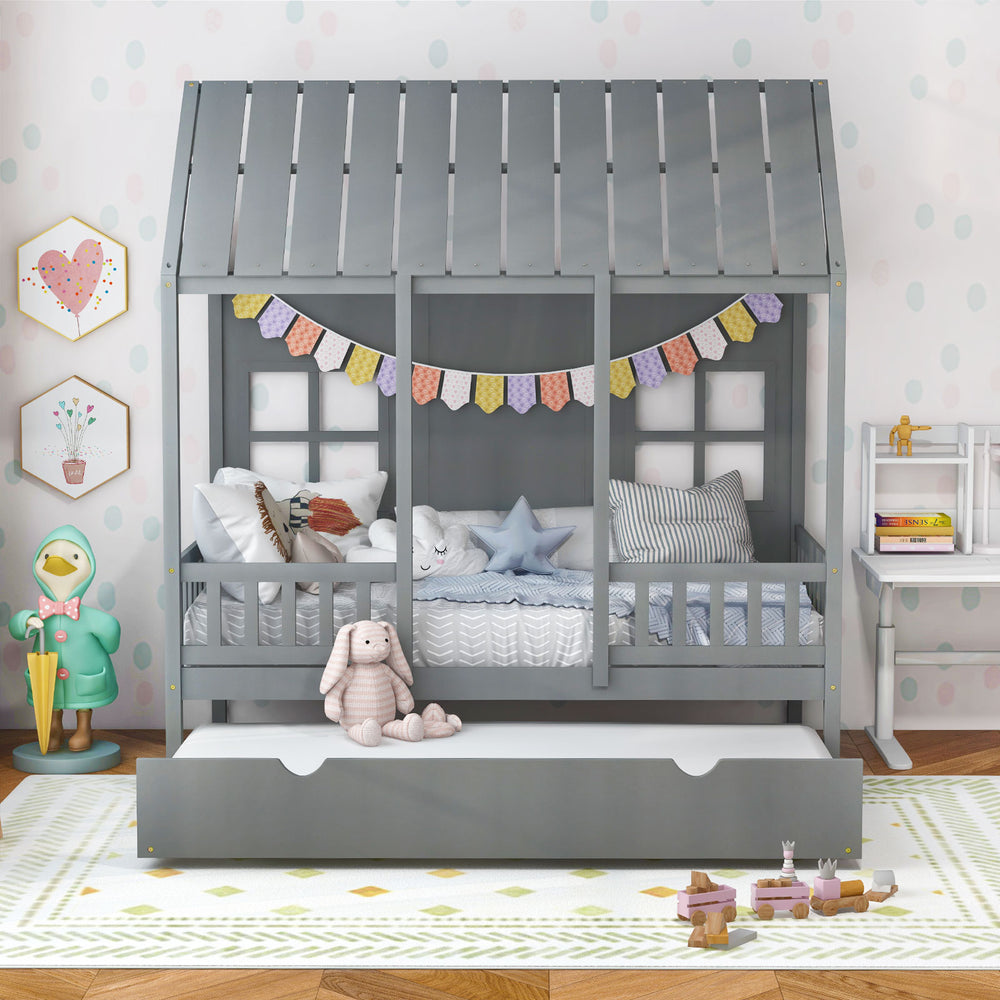 Twin size gray house bed frame with trundle, featuring a tall roof and charming design for kids' rooms.