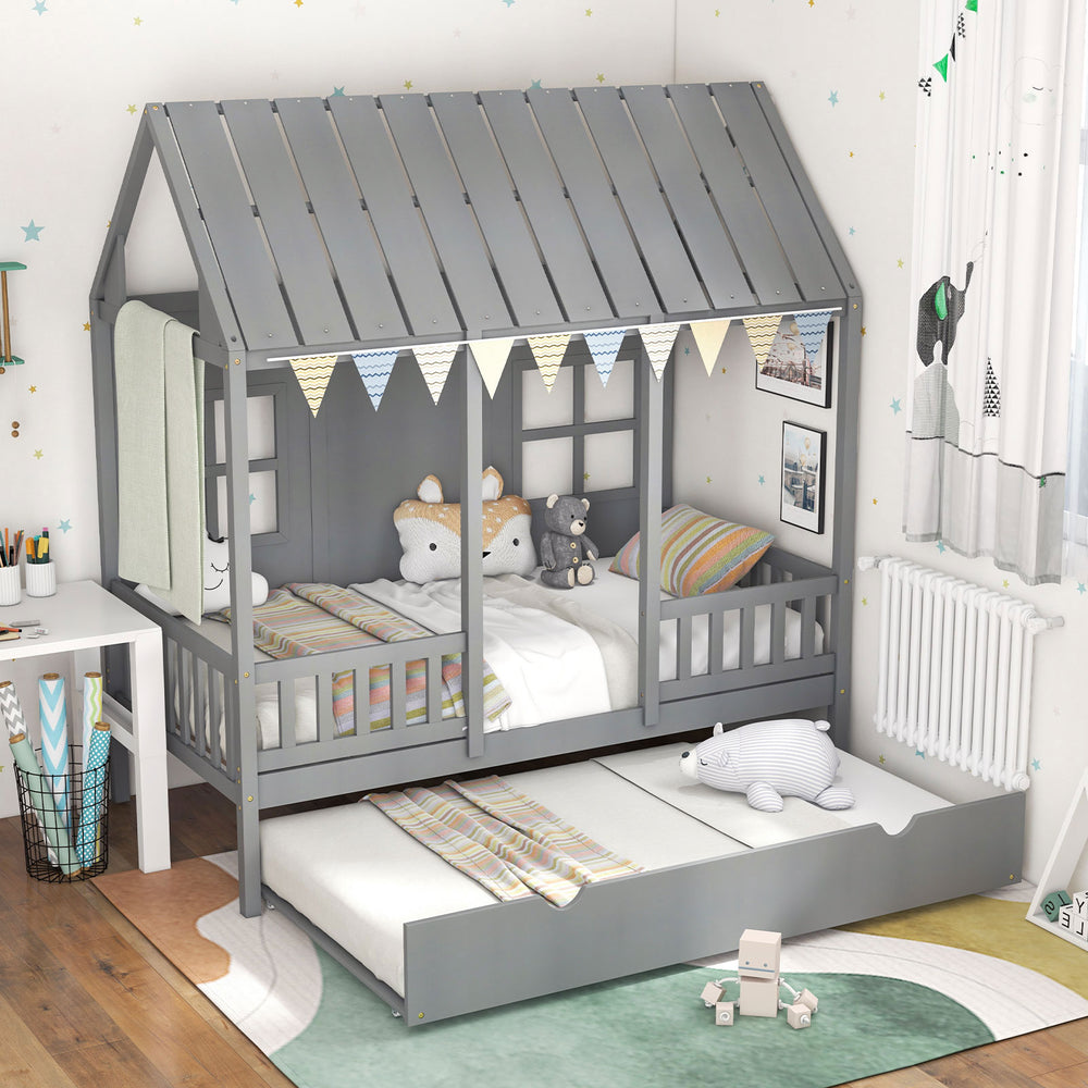 Twin size gray house bed frame with a trundle, designed for fun and cozy sleep, featuring charming roof and window.
