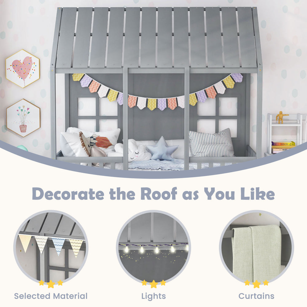 Twin size house bed frame in gray with trundle, featuring a charming roof and windows for kids' cozy sleep and play.
